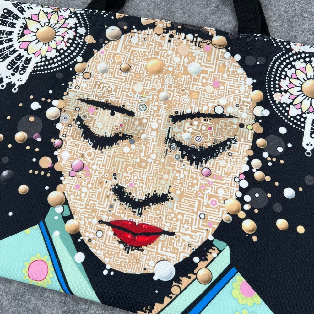 Oversized Tote Bag Circuit Face Asian Woman Floral Cyberpunk Art NWOT